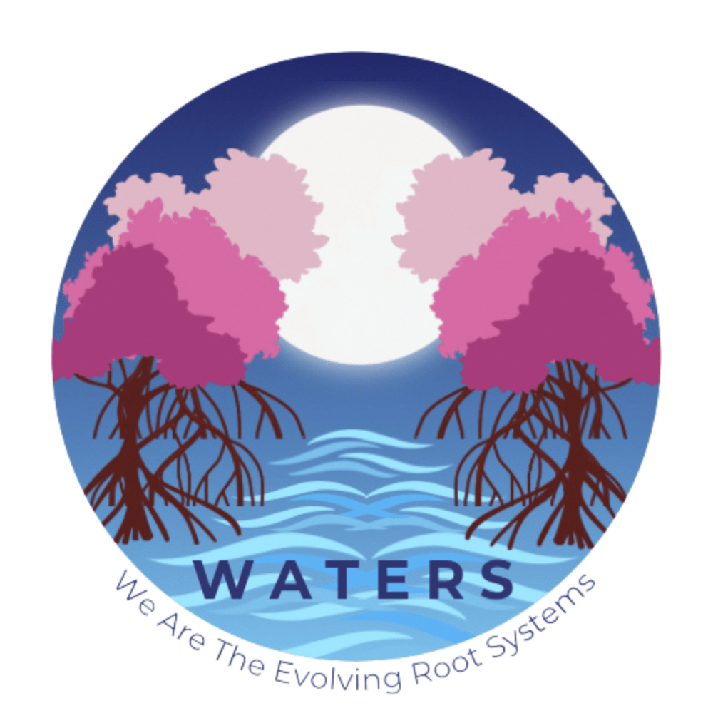 Blue circle logo with pink trees and a white moon